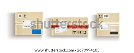 Cardboard box top view with shipping labels and colored tape sealing brown packages for delivery. Parcel surfaces with QR codes, handling icons and adhesive strips for e-commerce or postal logistic.