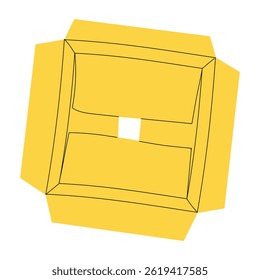 Cardboard box top view. A cardboard box for transportation. Flat isolated illustration with doodle elements. An open yellow cardboard box. Vector illustration