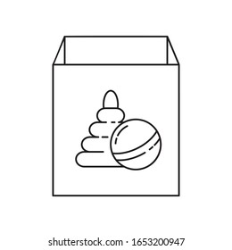 Cardboard box with toys icon. Linear image for illustration of sorting, packaging, storage, transportation, delivery, shopping stuffs. Contour isolated vector on white background