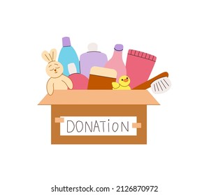 Cardboard box with toys and kids cosmetics for donations. Pile of colorful bottles, bunny, duck and hairbrush. Baby bathing and skin care items. Flat vector illustration isolated on white background