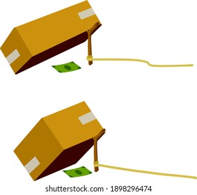 Cardboard Box And Trap. Children Practical Joke. Dollar And Pitfall. Business Problem. Stick On Rope. Flat Cartoon. Concept Of Financial Problem. Funny Comic Money Bait