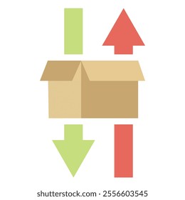 Cardboard box with two arrows pointing in opposite directions. The green arrow points downward, and the red arrow points upward, symbolizing the concept of importing and exporting or the movement.