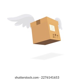 Cardboard box with two wings vector icon. Vector illustration, logo. Flying parcel. Concept for fast delivery service. Online delivery service. Express delivery. E-commerce, online shopping. EPS 10.
