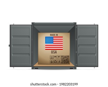 Cardboard box USA in cargo container on a white background. Vector illustration.