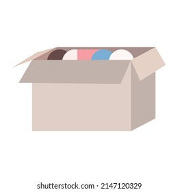 Caja de cartón con objetos valiosos de vector de color semiplano. Empaquetado de almacenamiento para movimiento. Elemento de tamaño completo sobre blanco. Ilustración simple de estilo de dibujos animados para diseño gráfico web y animación