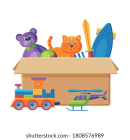 Cardboard Box with Various Toys, Container with Train, Teddy Bear, Sword, Scateboard,Cat Flat Vector Illustration