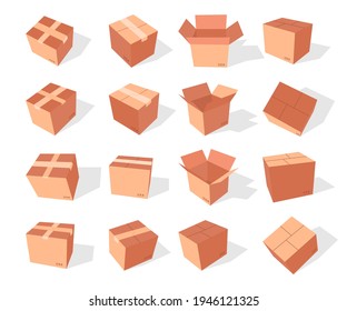 Cardboard box vector cartoon set isolated on a white background.