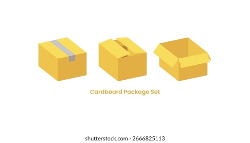 Cardboard box vector illustration set. Various styles of open and closed boxes perfect for delivery, shipping, and packaging concepts. Simple flat design