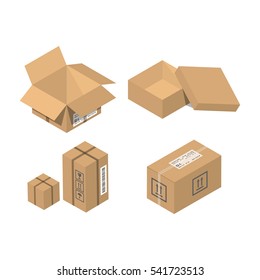 Cardboard box vector packaging for delivery. Boxlike package. Cartoon parcel flat style illustration isolated on white background.