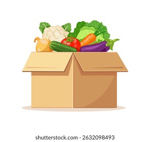 Cardboard box with vegetables cabbage, eggplant, onion, tomato, cauliflower and cucumber. Vector illustration on white background.