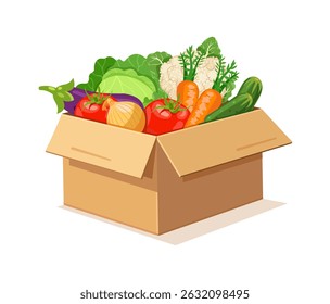 Cardboard box with vegetables cabbage, eggplant, onion, tomato, cauliflower and cucumber. Vector illustration on white background.