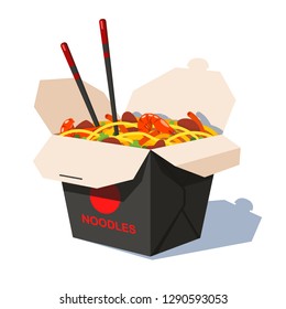 Cardboard box with vegetables, pork and shrimps. Isolated on white background. Modern flat style vector illustration.