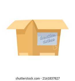 Cardboard box. Winter clothes for donation cartoon illustration. Used sweatshirt, shirt, scarf, sweater. Charity, social care and help concept