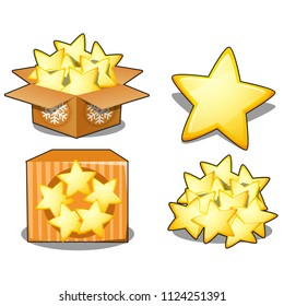 Cardboard box with yellow stars isolated on white background. Sample of poster, party holiday invitation, festive card. Vector cartoon close-up illustration.