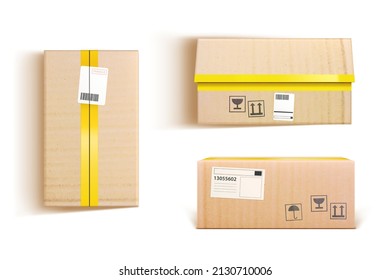 Cardboard Boxes 3d Vector Mockup, Cargo Or Parcel Packages Top, Front And Side View With Tape And Paper Labels. Realistic Carton Open Or Closed Packaging For Goods, Isolated Packs For Freight Shipping