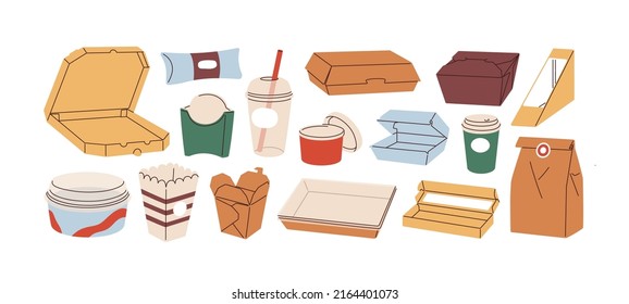 Cardboard boxes  bags for takeaway food  Paper  plastic delivery containers  cups  Empty take away packages  Carton disposable  recyclable packs  Flat vector illustrations isolated white background