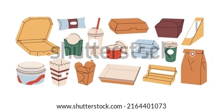 Cardboard boxes, bags for takeaway food. Paper, plastic delivery containers, cups. Empty take away packages. Carton disposable, recyclable packs. Flat vector illustrations isolated on white background