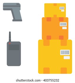 Cardboard boxes, barcode scanner and radio set.