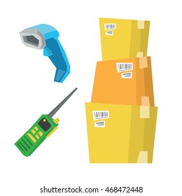 Cardboard boxes, barcode scanner and radio set vector flat design illustration isolated on white background.