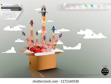 Cardboard boxes - Business man and Lady - Drive Rocket  - Illustration modern  Business Steps Infographics Template Idea and concept design.