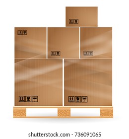 Cardboard boxes with cargo stacked on a wooden pallet. Euro pallets. Warehouse with goods