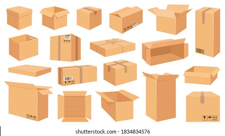 Cardboard boxes. Cartoon brown carton package. Open and closed delivery rectangle box with fragile signs. Vector shipping and packing set. Cardboard box, cube cartboard storage for distribution