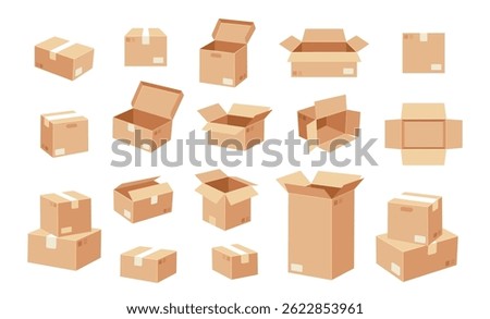 Cardboard boxes. Cartoon packaging box. Various brown corrugated stacked, labeled, open and close boxes for packing, logistics, delivery, moving. Kraft paper supplies. Vector set.