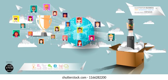 Cardboard boxes -  Cellphone in right hand Businessman   - Contact communicate, Social Network Technology,People various,Earth,trophy - Paper  rocket fold various, Cloud,Earth,trophy.