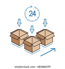 Cardboard boxes with clock isolated on white background