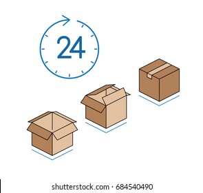 Cardboard boxes with clock isolated on white background 