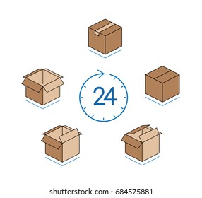 Cardboard boxes with clock isolated on white background