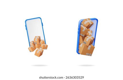 Cardboard boxes coming out of smartphone displaying concept of online delivery service. E-commerce shipping illustration.