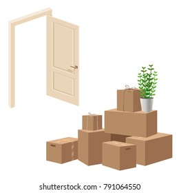 Cardboard boxes composition opened house door. Boxes for house move, delivery of goods or shipment of cargo. Vector illustration isolated on white background