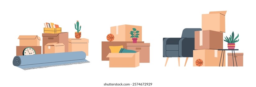 Cardboard boxes compositions. Packed interior items, indoor plants, carpets, furniture, moving to new house, things storage, vector set