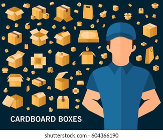 Cardboard Boxes concept background. Flat icons. 