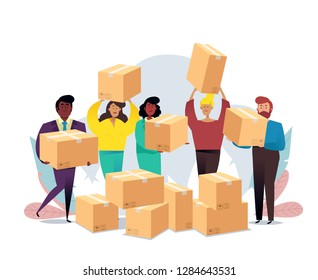 Cardboard boxes concept with characters. Business and achievement concept. Vector illustration. Set of goods parcel, package, Delivery. Shipping concept. 