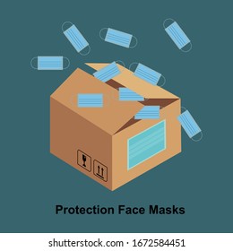 Cajas de cartón con máscaras dispersas. Una máscara protectora de un virus. Ilustración vectorial.