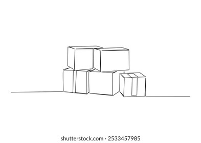 Cajas de cartón continuo de una línea de dibujo. Ilustración de arte de una sola línea de cajas de cartón de la pila. Vector editable.