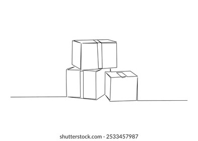 Cajas de cartón continuo de una línea de dibujo. Ilustración de arte de una sola línea de cajas de cartón de la pila. Vector editable.