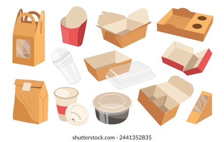 Cajas de cartón, tazas, cuencos y bolsas de embalaje único para el almacenamiento de comida rápida y juego de entrega de comida