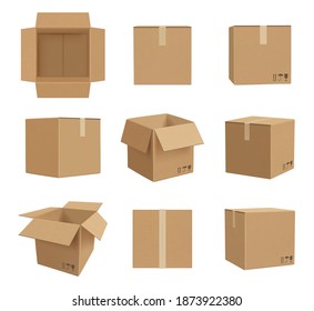 Cardboard boxes. Deliver craft packages front and side view decent vector realistic illustrations svg