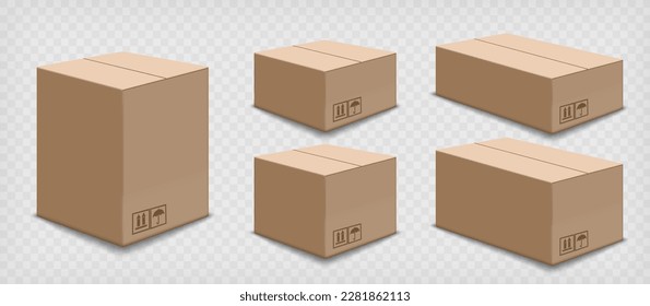 Cardboard boxes of different sizes. Mockups isolated on transparent background. Vector templates