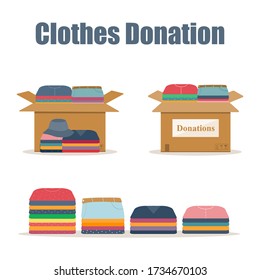 Cardboard boxes for donations filled with clothes, second-hand clothes stacked in piles on a white background. The concept of social and humanitarian assistance, volunteering and charity. Vector.