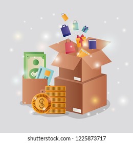 cardboard boxes with ecommerce icons