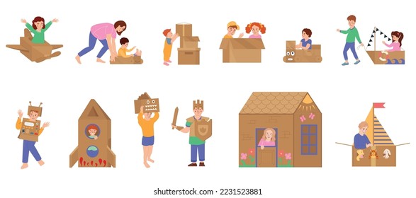 Cardboard boxes flat icons set with kids playing diy toys isolated vector illustration