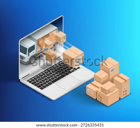 Cardboard boxes flying out of a laptop screen. Cargo delivery. Isometric projection. Vector illustration.
