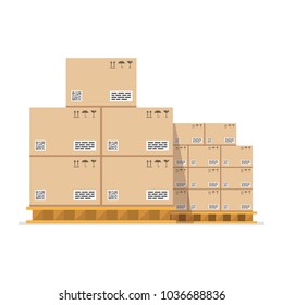 Cardboard boxes with fragile signs and barcode on wooded pallet. Vector illustration.