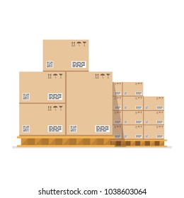 Cardboard boxes with fragile signs and barcode on wooded pallet. Vector illustration.