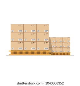 Cardboard boxes with fragile signs and barcode on wooded pallet. Vector illustration.