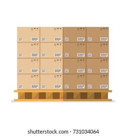 Cardboard boxes with fragile signs and barcode on wooded pallet. Vector illustration.